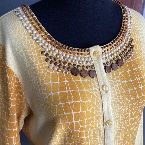 Rafaella gold/yellow giraffe print cardigan. Beaded/studded front neckline. Med - Picture 3 of 7